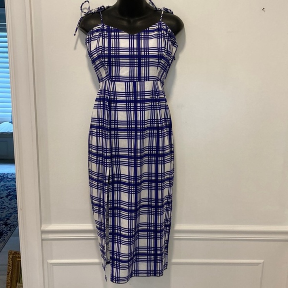 Rue Stiic Blue White and Black Plaid Dress Long Slit Shoulder Ties Small